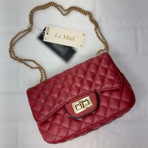 New Le Miel Red Quilted Bag w/ Gold-ish Hardware & Chain, PETA Approved Vegan